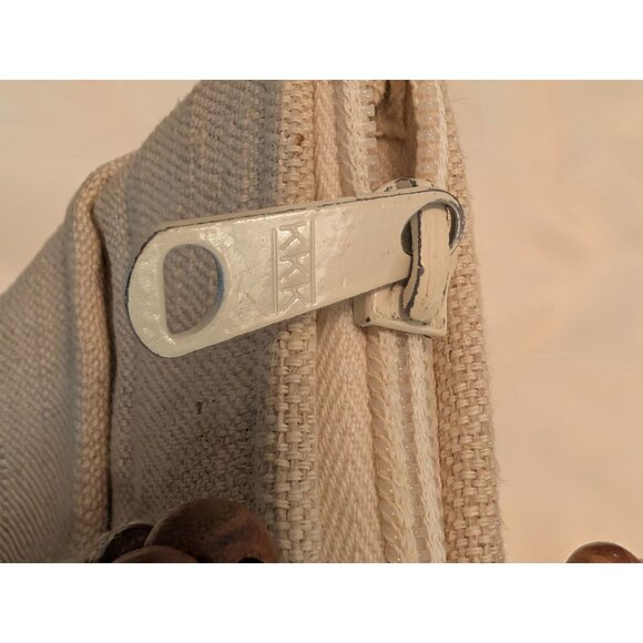 Vntg Fine Arts Bag Co Beige Linen & Wood Bead Purse Tote Zips Close Dual Handles - Picture 8 of 13